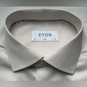 $395 NEW ETON DRESS SHIRT S 15 38 SLIM FIT BEIGE MICRO WEAVE MENS